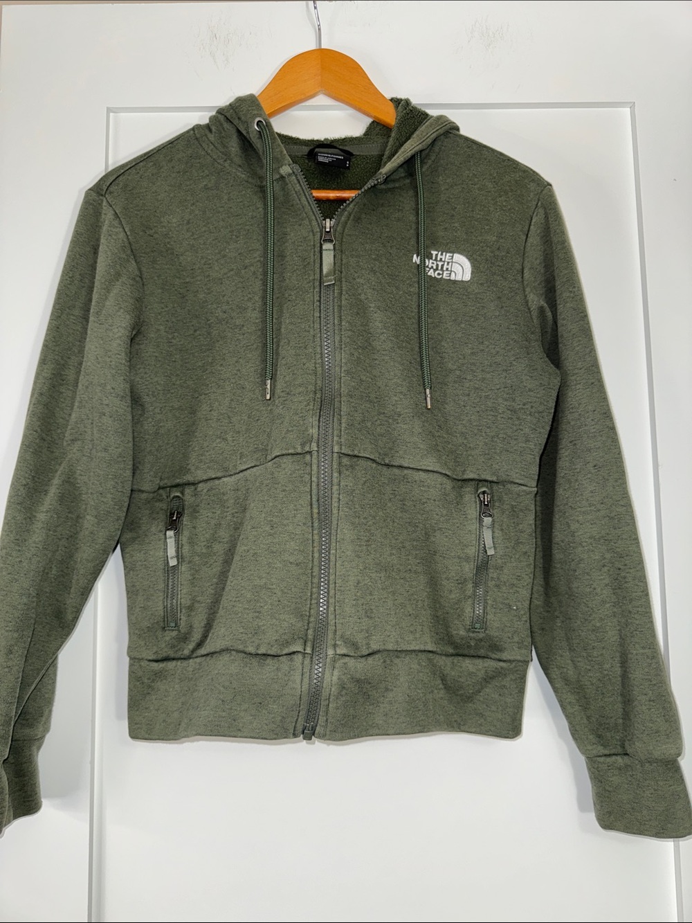 The North Face Olive Green Full-Zip Hoodie w/ Zip Pockets Sz Small cotton blend